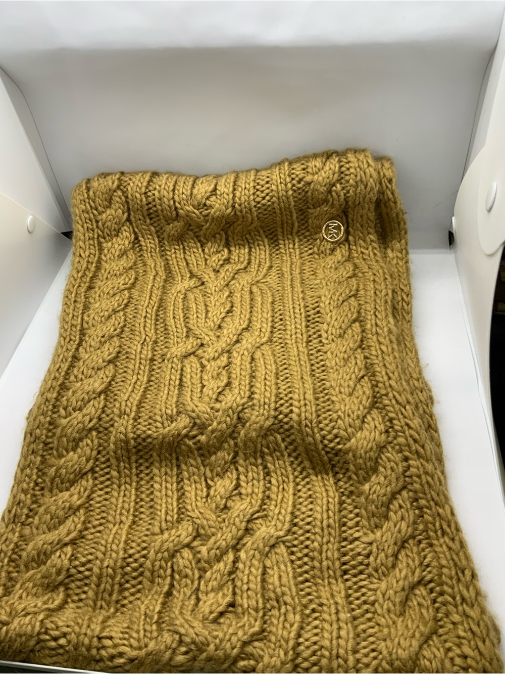 Michael Kors Cable Knit Turtleneck Scarf in Mustard